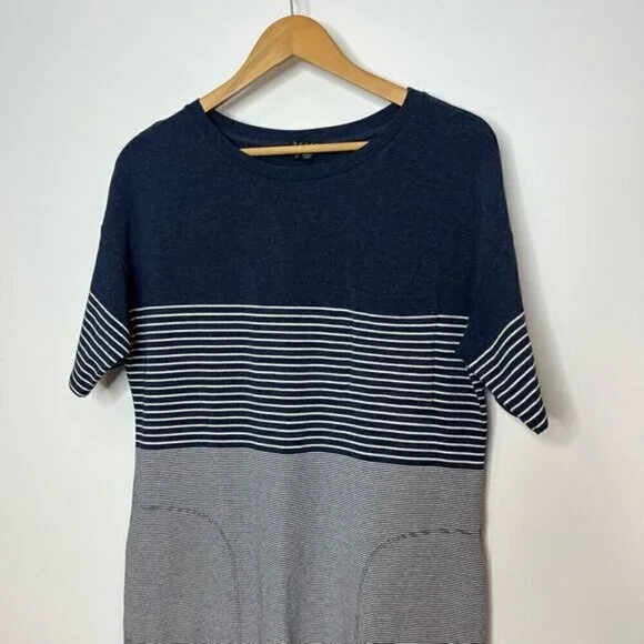 Theory Womens Large Pelloa Engineered Tee T-Shirt Dress Pockets Stripes Navy - Picture 2 of 13